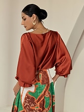preiswerte Hemden, Tops und Blusen-Satinbraune Juliet-Bluse mit Puffärmeln und Rundhalsausschnitt