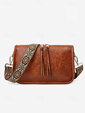 billige Crossbody-vesker-brun skulderveske i imitert skinn for kvinner med justerbar mønstret stropp - stilig crossbody-veske for casual og boho chic looks