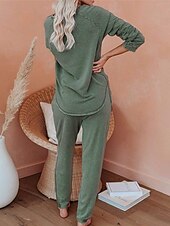billiga Sovkläder till damer-pyjamasset för kvinnor ren färg mode grundläggande komfort hem daglig säng andas rund hals långärmad byxficka resår midja höst vinter hem outfits
