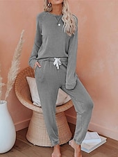 billiga Sovkläder till damer-pyjamasset för kvinnor ren färg mode grundläggande komfort hem daglig säng andas rund hals långärmad byxficka resår midja höst vinter hem outfits