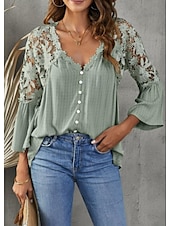cheap Lace Tops-Women&#039;s White Elegant Lace Tops Eyelet Blouse Stylish Modern Lace Bell Sleeve 3/4 Length Sleeve V Neck Work Daily Black White Purple Green Spring Fall