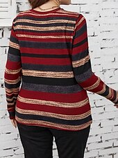economico T-shirt taglie forti-Per donna Taglia grossa Top maglietta A strisce Stampa Manica lunga Girocollo Informale Giornaliero Poliestere Autunno Inverno Vino