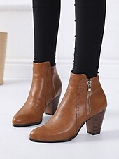 cheap Vintage Boots-Women&#039;s Brown Faux Leather Ankle Boots with Side Zipper and Block Heel - Vintage Style for Casual and Dressy Occasions