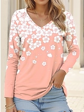 ieftine tricou floral-Tricou tunică pentru femei modă casual imprimeu mânecă lungă topuri obișnuite guler în V zilnic roz albastru violet portocaliu primăvară toamnă