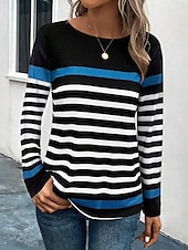 billige Stripe og geometrisk t-skjorte-dame t-skjorte uformelt trykk lange ermer vanlige topper rund hals daglig svart blå oransje vår høst