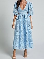 abordables Robes en dentelle blanche-Femmes Mini Robe Robe Blanche Robe trapèze Robe bohème Élégant Manches bouffantes robe demoiselle d honneur Date Coupe régulière Couleur Unie Uni Demi Manches Col en V Noir Blanche Jaune Bleu Été