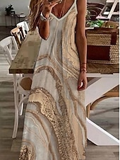 billige Kunst og Design Kjoler-Kvinners Maxi Kjole Fritids Kjole Strandkjole Blomsterkjole Grunnleggende Klassisk Fritid Ferie Daglig Regular Fit Print Marmor Ermeløs V Utringning Khaki Lys Blå Sommer Vår