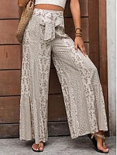 baratos perna larga e cintura alta-Mulheres Calças Moda Roupa de rua Comprimento total Cintura Alta Côr Sólida Bloco de cor Bolsos Com Laço Conforto Respirabilidade Macio Micro-Elástica Férias Rua Diário Adamascado Preto Vermelho Azul