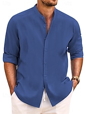 economico Classico-Per uomo Camicia Camicia con colletto a fascia Camicia estiva Abbigliamento mare Maglietta informale Camicia con bottoni Liscio Da mare Informale Nero Bianco Rosa Verde Manica lunga A fascia