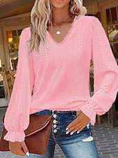 cheap Lace Tops-Women&#039;s White Elegant Lace Tops Eyelet Blouse Stylish Solid Color Eyelet Puff Sleeve Long Sleeve Regular Tops V Neck Daily Romantic Petite Tops Summer Holiday Wear White Pink Purple Green Spring Fall