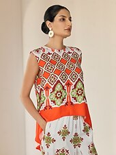 رخيصةأون القمصان والقمصان والبلوزات-تي شيرت كامي نسائي من ساتان بتصميم بوهيمي مع شق مزدوج بفتحة دائرية بدون أكمام