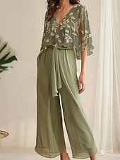 billige Blusedresser for kvinner-Dame Elegant Bluse Bukser med brede ben Halvlange ermer V-hals Blomstret Sløyfe Arbeidstøy Dagligdagstøy Grønn Sommer Løstsittende