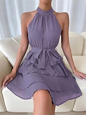 cheap Mini Black Dress-Women&#039;s Mini Dress Graduation Dress Casual Dress Summer Dress Plain Dress Streetwear Basic Casual Vacation Street Holiday Regular Fit Sleeveless Halter Neck Black Red Blue Purple Summer