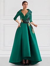 preiswerte SCHWARZ-Schwarzes A-Linie Abendkleid Vintage Gesticktes Elegantes Kleid Smokingkleid Formal Bodenlang Langarm V-Ausschnitt Tasche Satin mit Perlenapplikationen