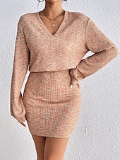 cheap Jumper Dresses-Women&#039;s Plain Dress Mini Dress Lace Backless Casual V Neck Long Sleeve Light Brown Color