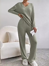 cheap Pajama-setter-Women&#039;s Loungewear Pajama Set Simple Home V Neck Long Sleeve Pullover Pant Spring Fall Black Blue Home Outfits