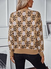 billige Grafiske mønstre og detaljer-Dame Genser Fritid Blomstret Grafisk Crew-hals Crewneck Langermet Lange topper Strikke Arbeid Kakifarget Høst Vinter