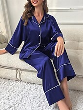 voordelige Nachtkleding voor dames-dames pyjama sets pure kleur mode comfort thuis dagelijks bed imitatie zijde zijde ademend revers lange mouw shirt broek knoop zak herfst thuis outfits