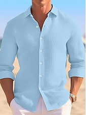 cheap Men&#039;s Button Up Shirts-Men&#039;s Shirt Waffle Shirt Summer Shirt Casual Shirt Button Up Shirt Untucked Shirts Black White khaki Light Blue Long Sleeve Plain Lapel Vacation Daily Clothing Apparel Cotton Fashion Casual