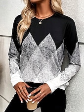abordables Camiseta a rayas y geométrica-Camiseta de mujer con estampado casual, manga larga, cuello redondo, uso diario, color negro, primavera y otoño
