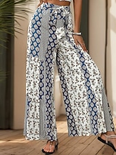 baratos perna larga e cintura alta-Mulheres Calças Moda Roupa de rua Comprimento total Cintura Alta Côr Sólida Bloco de cor Bolsos Com Laço Conforto Respirabilidade Macio Micro-Elástica Férias Rua Diário Adamascado Preto Vermelho Azul