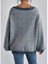 billiga Grafiska mönster och detaljer-Dam Tröja Stylish Grafisk Tjock Enaxlad Båthals Över axeln Rand Långärmad Långa toppar Sticka Arbete Dagligen Marinblå Höst Vinter