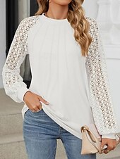 cheap Lace Tops-Women&#039;s White Elegant Lace Tops Eyelet Blouse Fashion Casual Lace Mesh Long Sleeve Regular Tops Crew Neck Daily Romantic Petite Tops Summer Holiday Wear Black White Pink Blue Summer Spring Fall