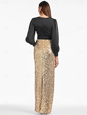 preiswerte GELB-Schwarzes und goldenes/paillettenbesetztes Meerjungfrau-Abendkleid, elegantes Kleid, bodenlang, lange Ärmel, V-Ausschnitt, Gürtel/Schärpe mit Schlitz, 2025
