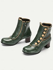 cheap 1930s-Victorian Vintage Green Leather Ankle Boots for Women – Retro Button Design with Scalloped Trim, Perfect for Fall Fashion