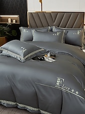baratos Coleção de elite-Conjunto de cama com capa de edredom de 4 peças, 100% algodão orgânico, tecido macio e respirável, inclui capa de edredom e fronhas para um sono confortável