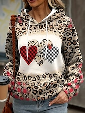 economico Animali Tops-felpa con cappuccio da donna cuore leopardo strada abbigliamento quotidiano tasca stampa casual felpa con cappuccio manica lunga micro-elastico autunno inverno confortevole traspirante tessuto morbido