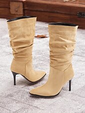 olcso Slouch Boots-női barna, velúr sima, térdig érő csizma tűsarkúval és hegyes orrral, stílusos őszi és téli lábbeli hétköznapi és estélyi viselethez