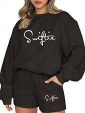 preiswerte Kurze Sets für Damen-Damen Modisch Strassenmode Täglich Pullover Sweatshorts Kurze Hose Langarm Rundhalsausschnitt Glatt Kordelzug Bedruckt Casual Täglich Schwarz Weiß Blau Herbst Regular Fit