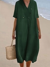 preiswerte Kleider aus Baumwolle und Leinen entwerfen-Damen Midikleid V-Ausschnitt Knitterstruktur Hellblau Kurzarm Lässige Strandmode Lockere Passform Atmungsaktive Sommerbekleidung