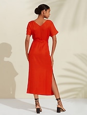 Robe midi portefeuille froncée en lin tencel pour femme orange rouge col en V abordables Robes décontractées-Robe midi portefeuille froncée en lin tencel pour femme orange rouge col en V