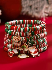 Χαμηλού Κόστους Χριστουγεννιάτικα αξεσουάρ-Χριστουγεννιάτικο σετ βραχιολιών με χάντρες γούρι – εορταστικά κόκκινα, πράσινα και λευκά στοιβαγμένα βραχιόλια με γούρια Άγιου Βασίλη, δέντρου και δώρων – ιδανικό για τη μόδα και τα δώρα των γιορτών
