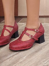 ieftine anii 1950-tocuri vintage roșii Mary Jane de damă – curea cu cataramă dublă, toc bloc retro, perfecte pentru ocazii formale și casual