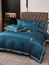 baratos Coleção de elite-Conjunto de cama com capa de edredom de 4 peças, 100% algodão orgânico, tecido macio e respirável, inclui capa de edredom e fronhas para um sono confortável