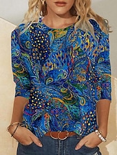 ieftine tricou Art &amp; Design-Tricou tunică pentru femei fashion casual imprimeu cu mânecă lungă regulat guler rotund zilnic albastru primăvară-toamnă