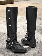お買い得  カウボーイ＆ウエスタンブーツ-バックルストラップとスタッズディテールを備えた女性用ブラックニーハイブーツ - カジュアルにもパーティーにも使えるゴシックスタイルのモーターサイクルブーツ