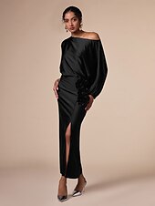 economico Women&#039;s Sets-Set di due pezzi per invitati al matrimonio in raso, collo slash floreale, maniche a Giulietta, gamba larga