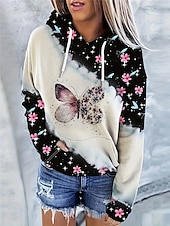 baratos Moletons e moletons-moletom feminino com capuz, borboleta, streetwear, bolso, estampa, casual, moletom com capuz, manga comprida, microelástico, outono inverno, confortável, respirável, tecido macio