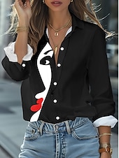 economico Top d&#039;Arte e Design per Donne-Camicia da donna astratta stampa facciale casual maniche lunghe bottonata camicia lunga autunno