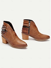levne Cowboy &amp; Western Boots-dámské hnědé kotníkové boty s vícepřezkovým detailem, blokovým podpatkem a westernovým stylem - ideální pro běžné výlety a každodenní nošení