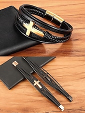 preiswerte Herrenschmuck-Schwarzes Lederarmband für Herren mit silbernem Kreuz – christliches religiöses Armband, verstellbarer Magnetverschluss