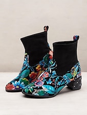 abordables Botines-Botines de mujer con bordados florales y tacón ancho acolchado, estilo vintage, calzado de fiesta y casual de moda
