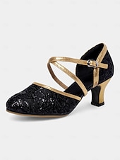 preiswerte Lateinamerikanische Schuhe-goldene Tanzschuhe aus Spitze für Damen mit gekreuzten Riemen – Pumps mit niedrigem Absatz für Standard- und lateinamerikanische Tänze