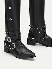お買い得  カウボーイ＆ウエスタンブーツ-バックルストラップとスタッズディテールを備えた女性用ブラックニーハイブーツ - カジュアルにもパーティーにも使えるゴシックスタイルのモーターサイクルブーツ