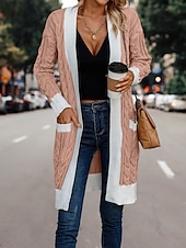 billige Cardigans og yttertøy-Dame Kofte Elegant Mote Gatemote Fargeblokk Kabel Åpen Forside Strikket Langermet Lange topper Strikke utendørs Arbeid Helg Dusty Rose Kakifarget Høst Vinter