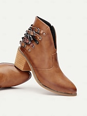 levne Cowboy &amp; Western Boots-dámské hnědé kotníkové boty s vícepřezkovým detailem, blokovým podpatkem a westernovým stylem - ideální pro běžné výlety a každodenní nošení